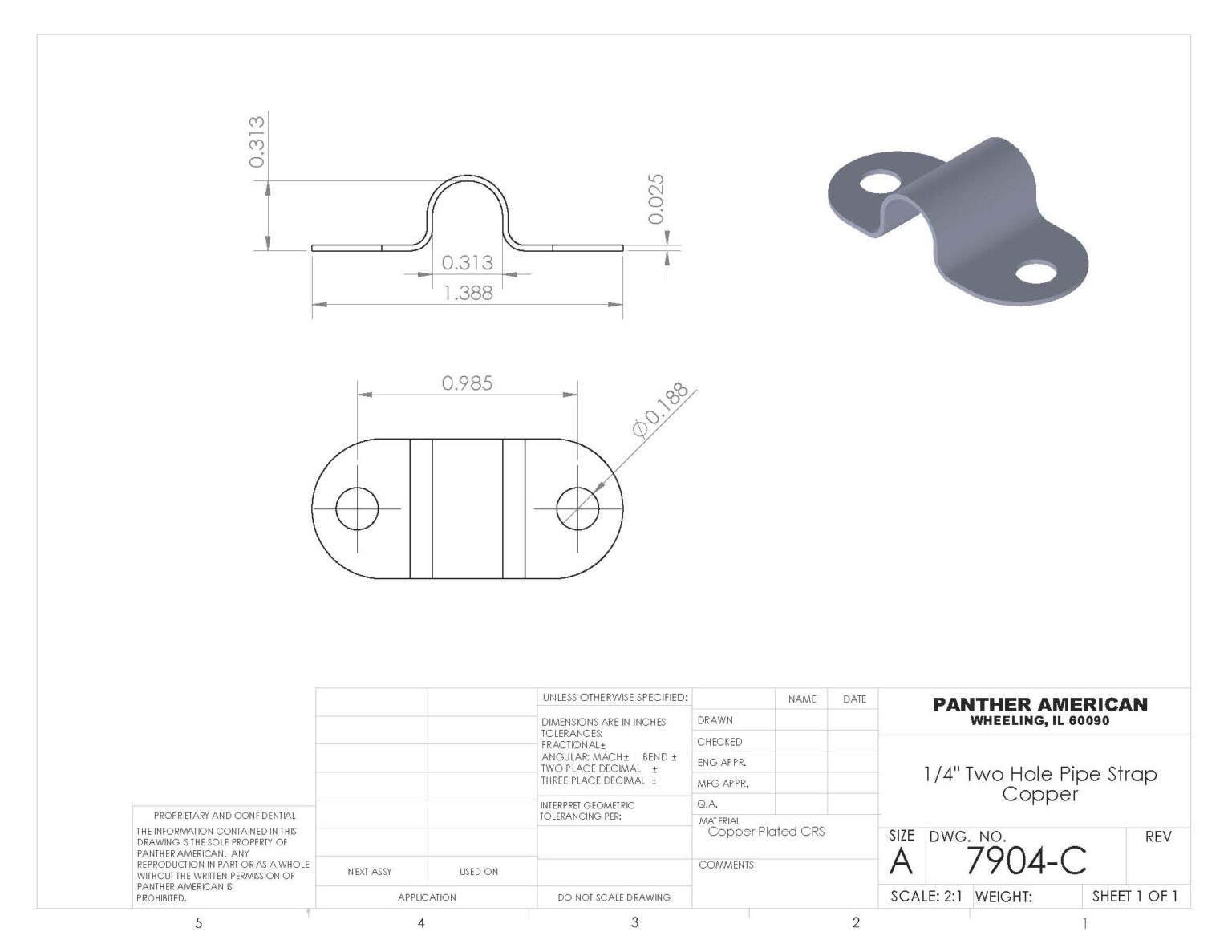 2 Hole Pipe Strap Copper 1/4" Panther Fabrication